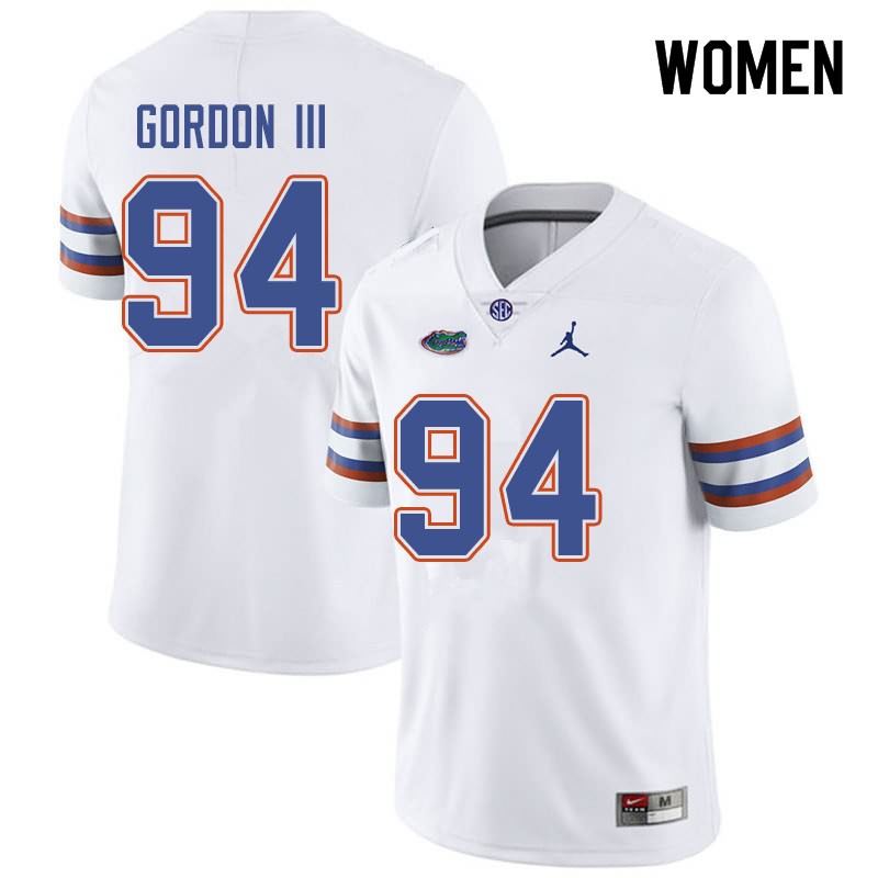 Women's NCAA Florida Gators Moses Gordon III #94 Stitched Authentic Jordan Brand White College Football Jersey JKZ4665MZ